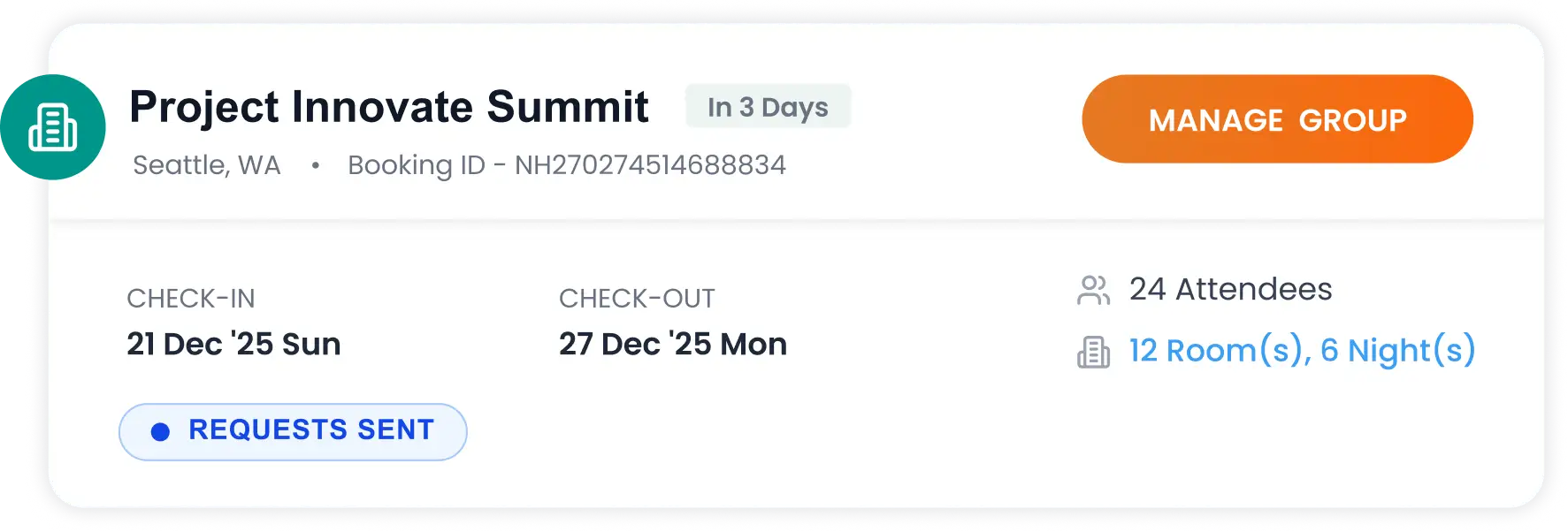 Booking card showing GatheroniX dashboard with group booking details
