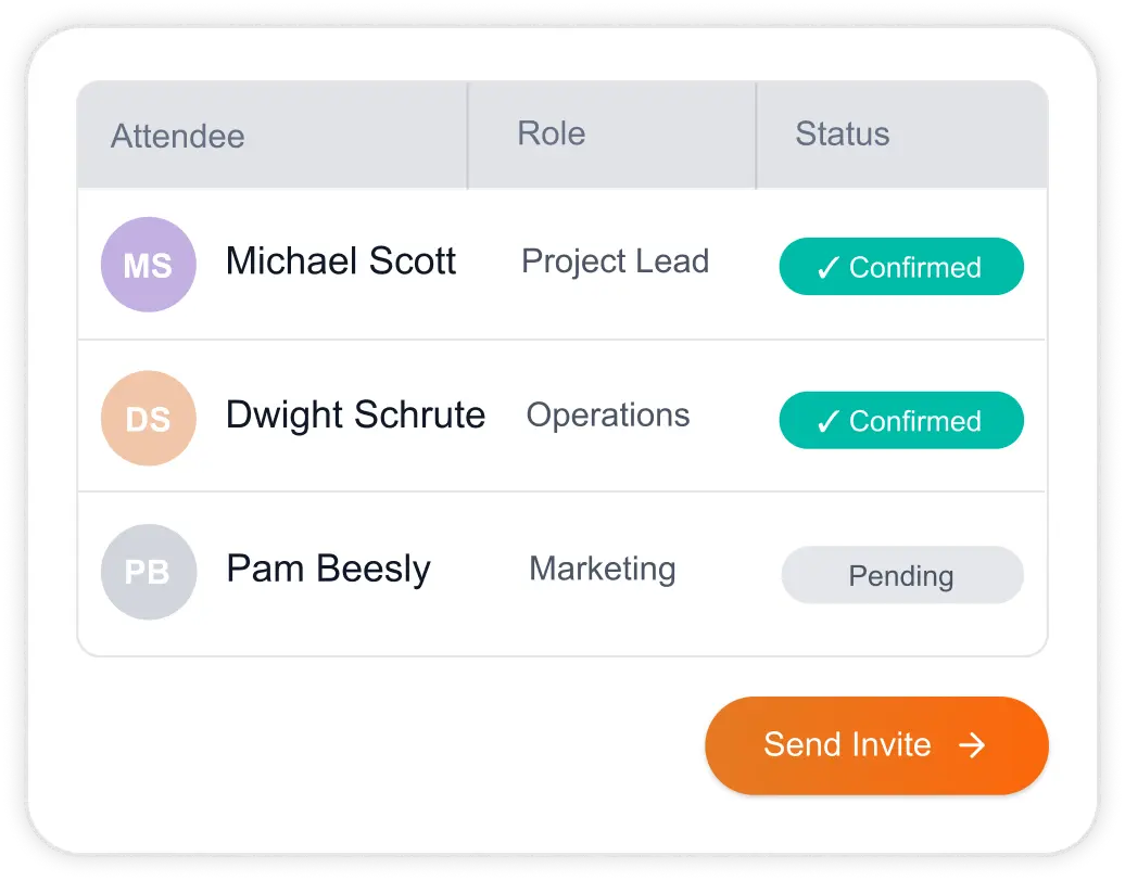 Attendee card showing room assignments and dietary requirements for a corporate group booking